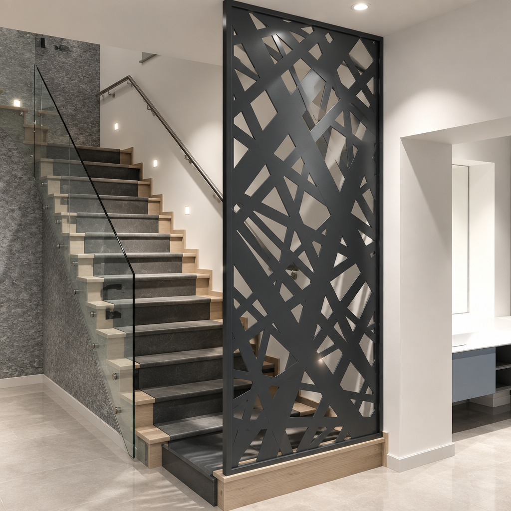 Square image of a laser-cut metal screen beside stairs