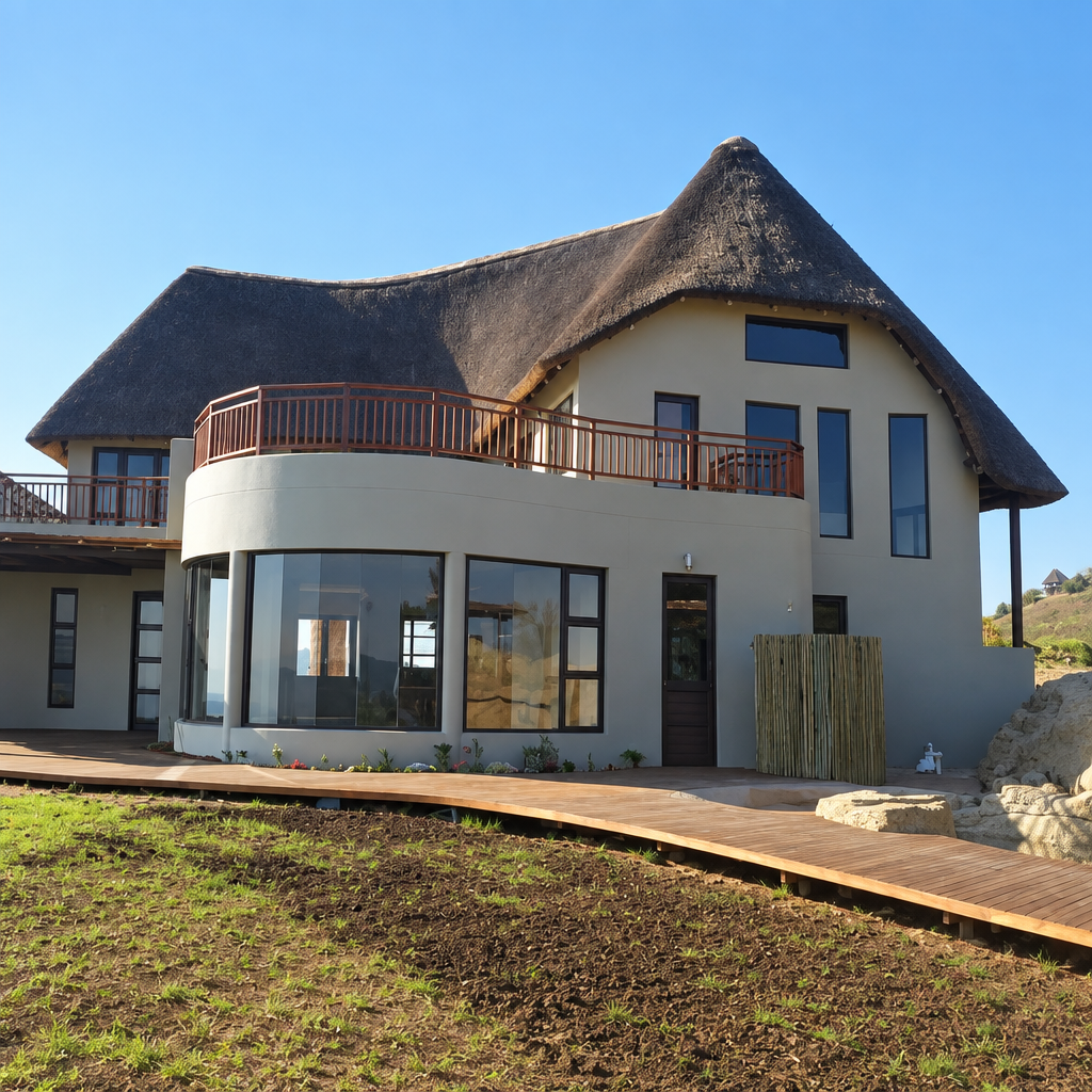 Square image of the thatched-roof house