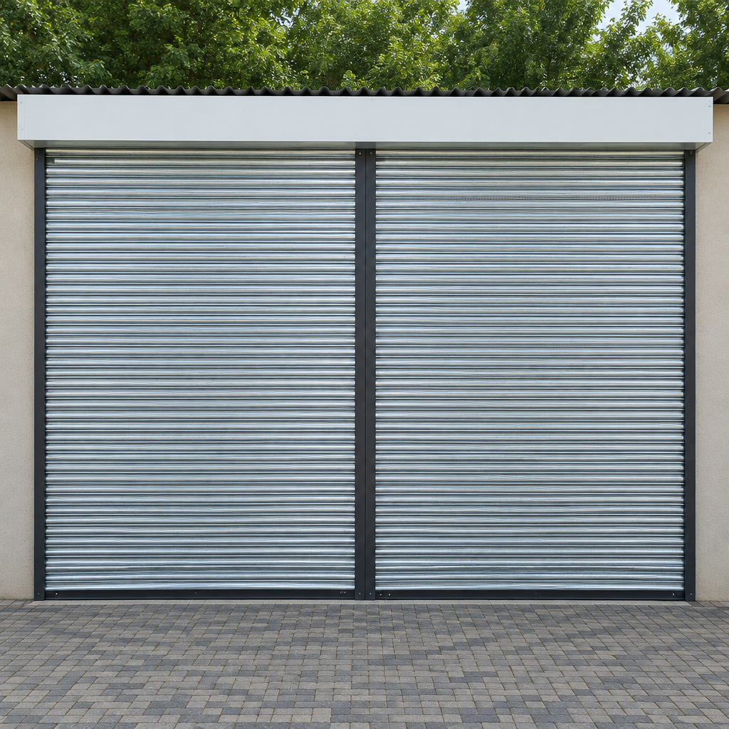 Square image of two silver roller shutters