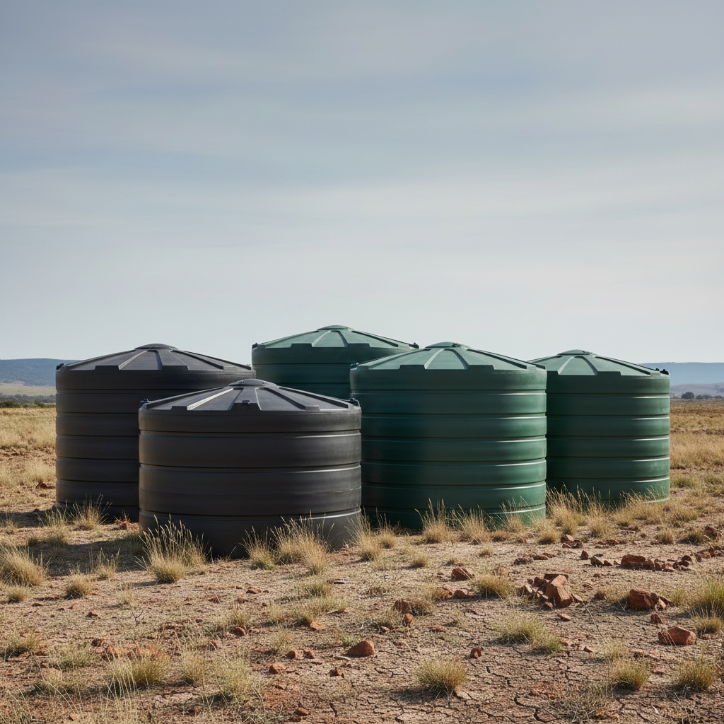 JoJo-style plastic water tanks in an open landscape