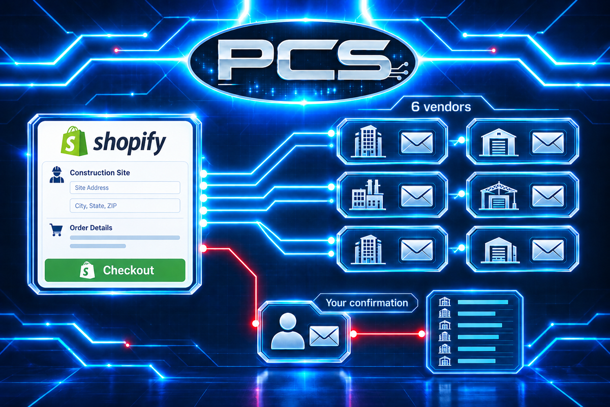 PCS circuit graphic with Shopify-styled checkout and vendor emails