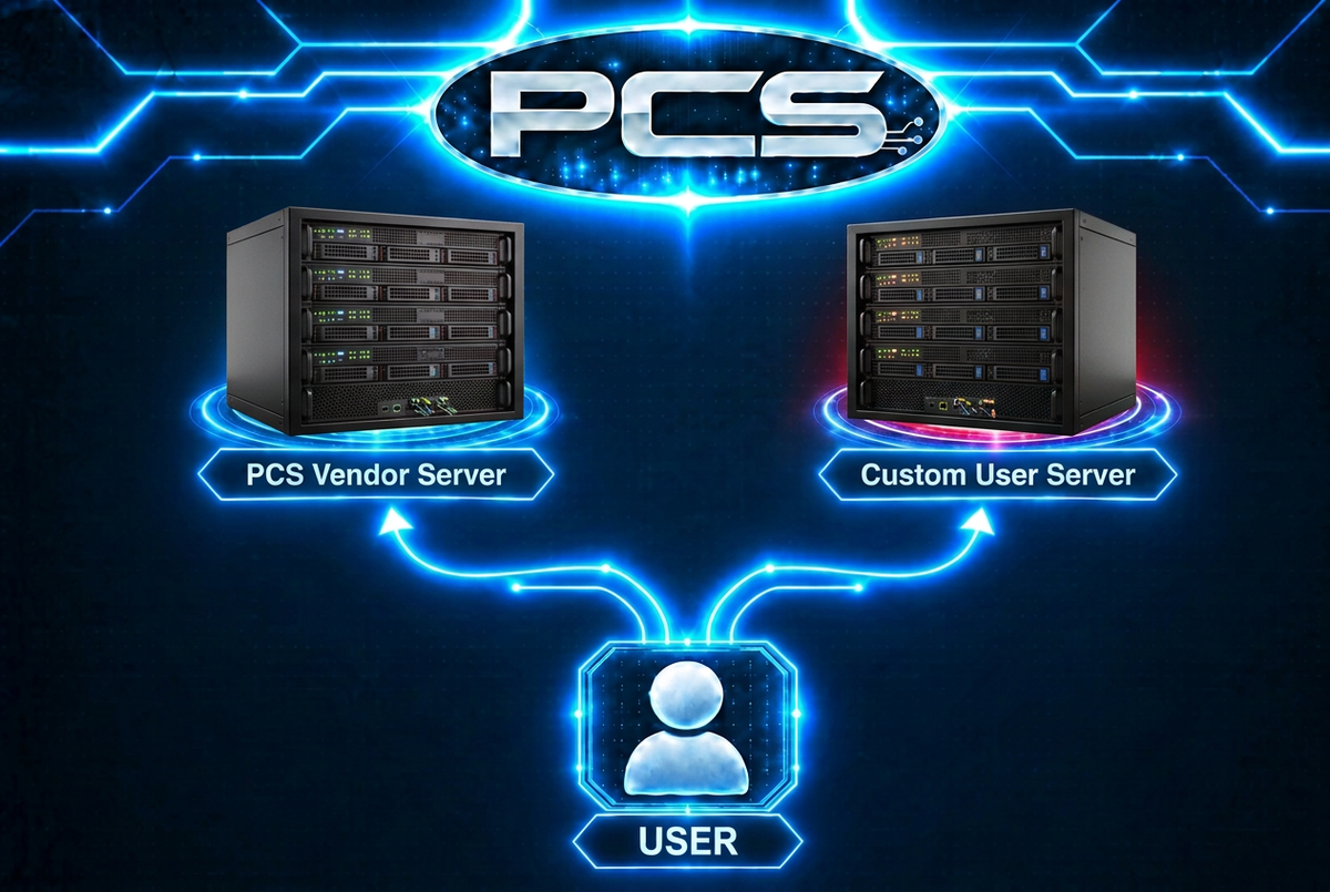 PCS diagram with two realistic black server racks and illuminated status lights