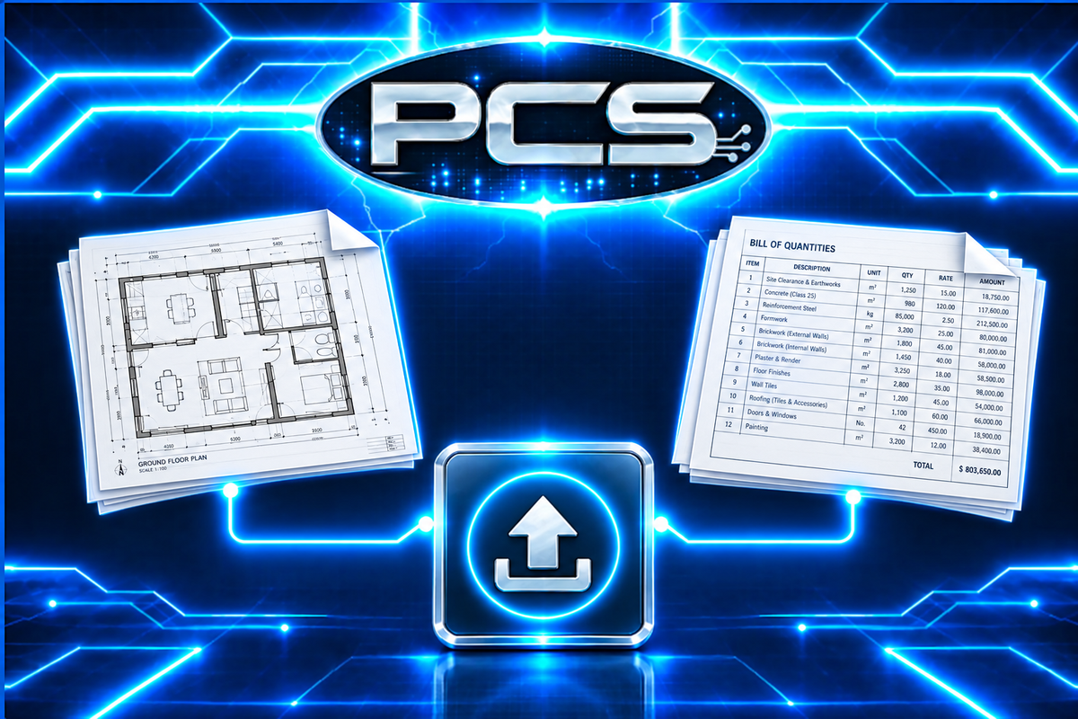 PCS image with realistic white drawing and BOQ pages