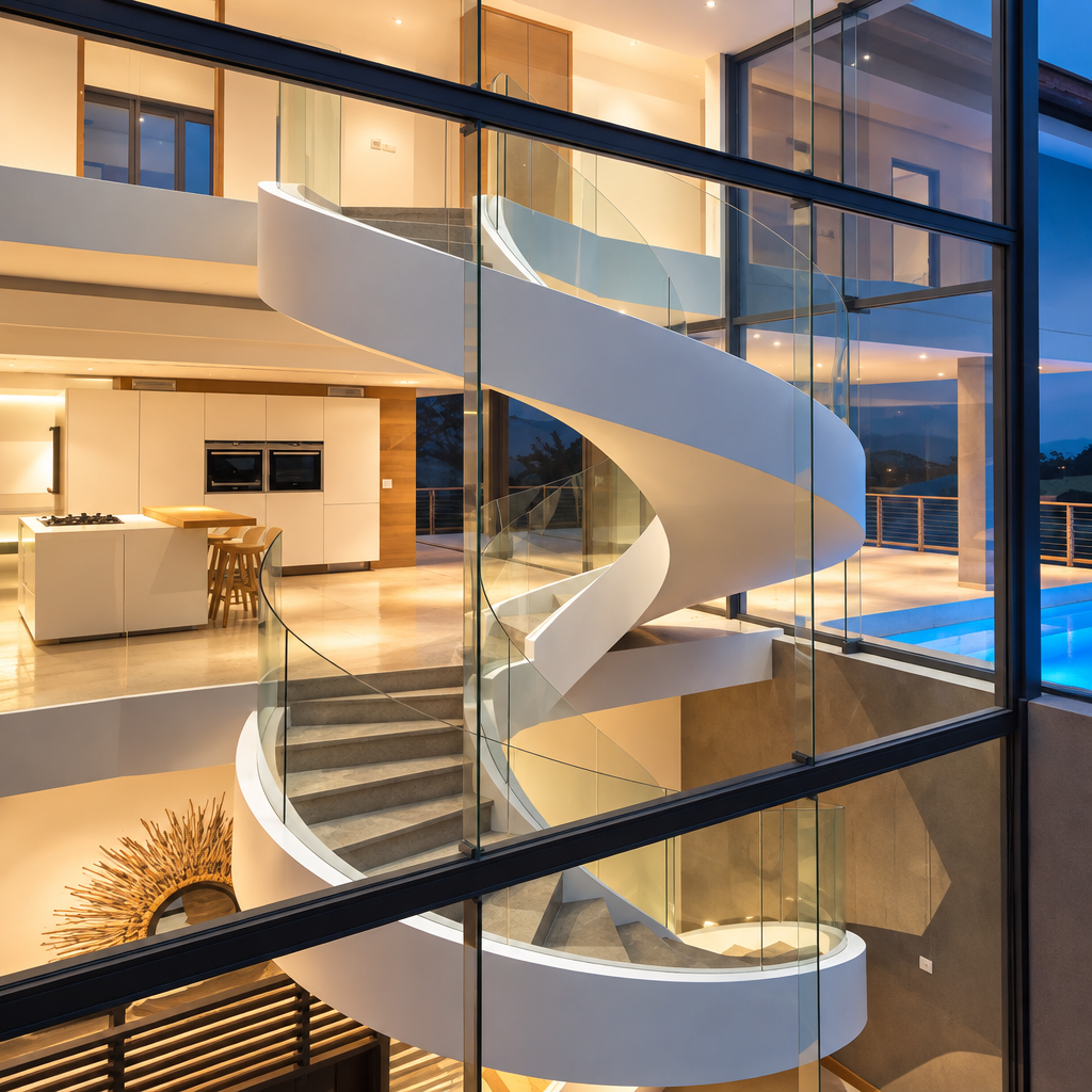 Square render of a curved staircase behind glass glazing